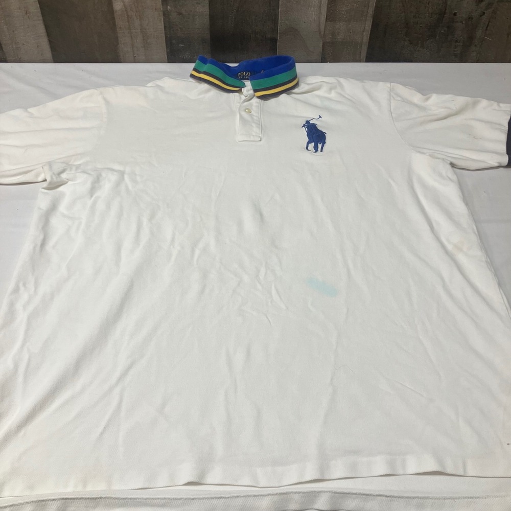 Polo Ralph Lauren Mens 2XLT White Large Pony Striped Collar Shirt THRASHED 2TG